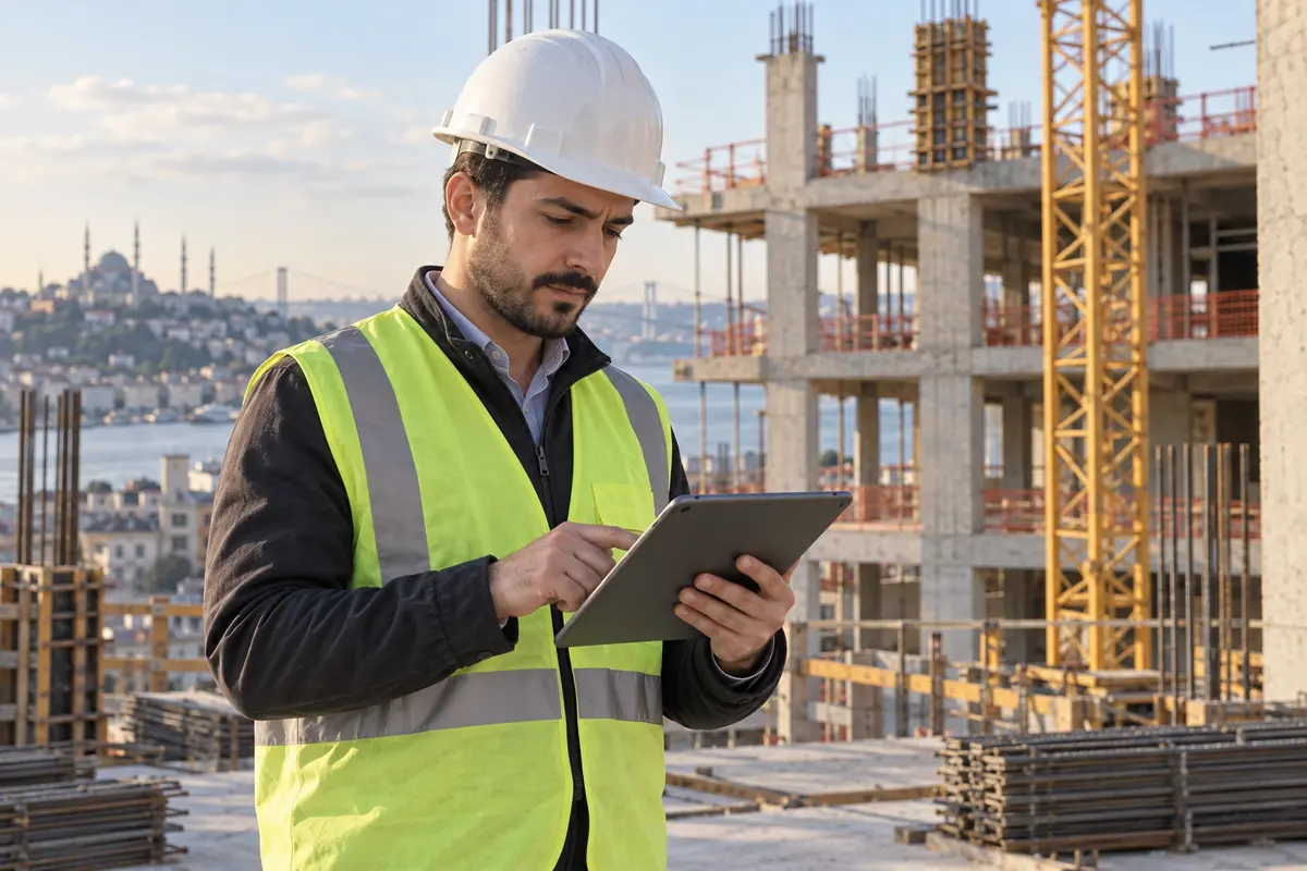 Şantiyede tablette plan inceleyen temsili mühendis